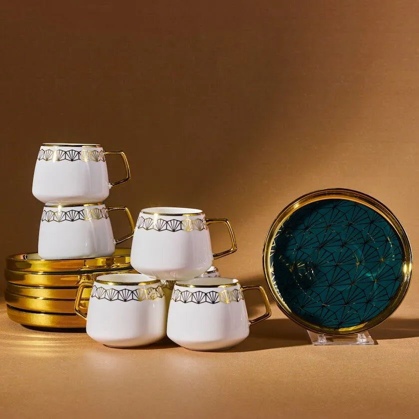 " Karaca Verde 12-teiliges Porzellan Espresso Türkischer Kaffeetassen-Set für 6 Personen, 100 ml, Mehrfarbig "