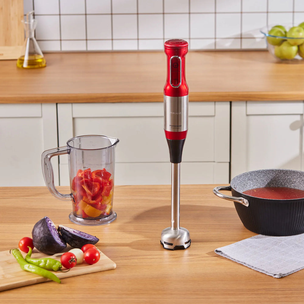 " Karaca Mastermaid ProSteel Glas-Küchenmaschine mit Langem Mixfuß, 6 Klingen, 2500 W Imperial Red "