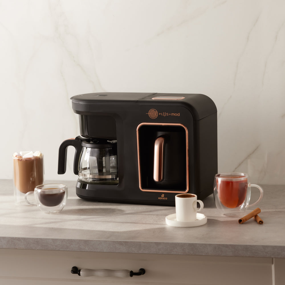 " Karaca Hatır Plus 5-in-1 Essential Kaffee-, Tee- und Milchgetränkemaschine Black Copper – 10 Tassen Kapazität mit Schaum "