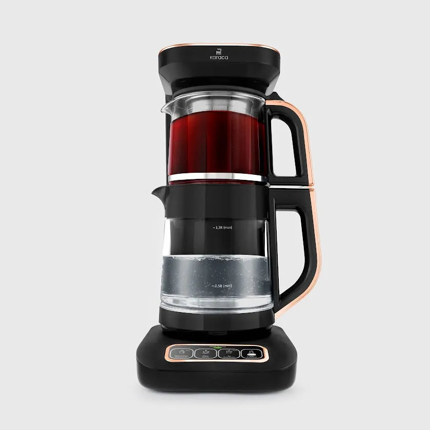 " Karaca Çaysever Robotea Pro 4 in 1 Sprechende Automatische Glas-Teemaschine, Wasserkocher und Filterkaffeemaschine 2500W Schwarz Kupfer "