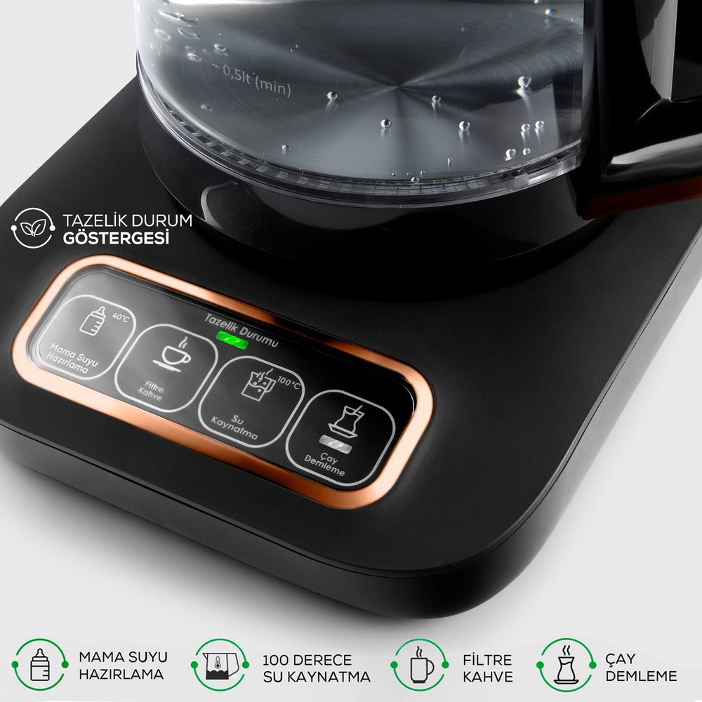 " Karaca Çaysever Robotea Pro 4 in 1 Sprechende Automatische Glas-Teemaschine, Wasserkocher und Filterkaffeemaschine 2500W Schwarz Kupfer "
