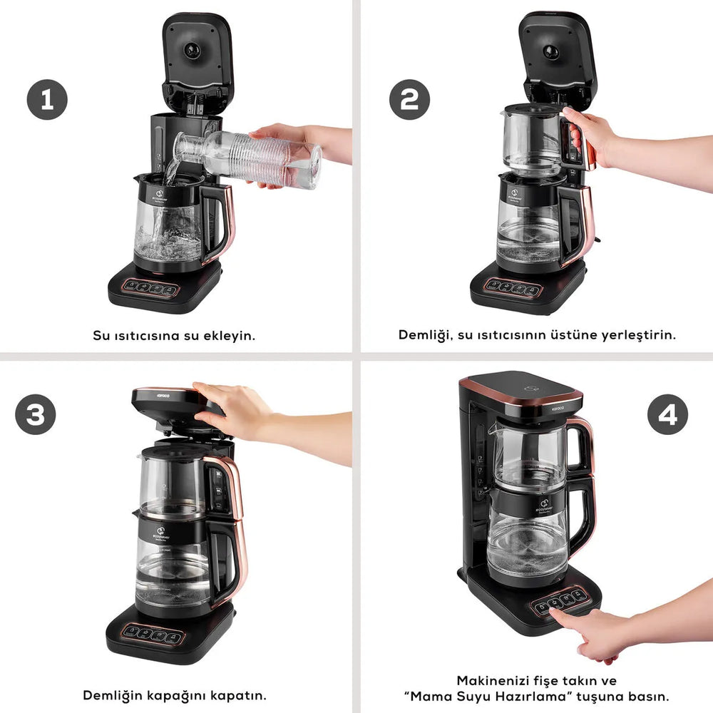 " Karaca Çaysever Robotea Pro 4 in 1 Sprechende Automatische Glas-Teemaschine, Wasserkocher und Filterkaffeemaschine, Schwarz Chrom, 2500W "