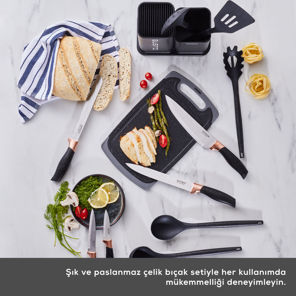 " Karaca Gusto Schwarzes 12-teiliges Messer-/Schneidebrett-Set "