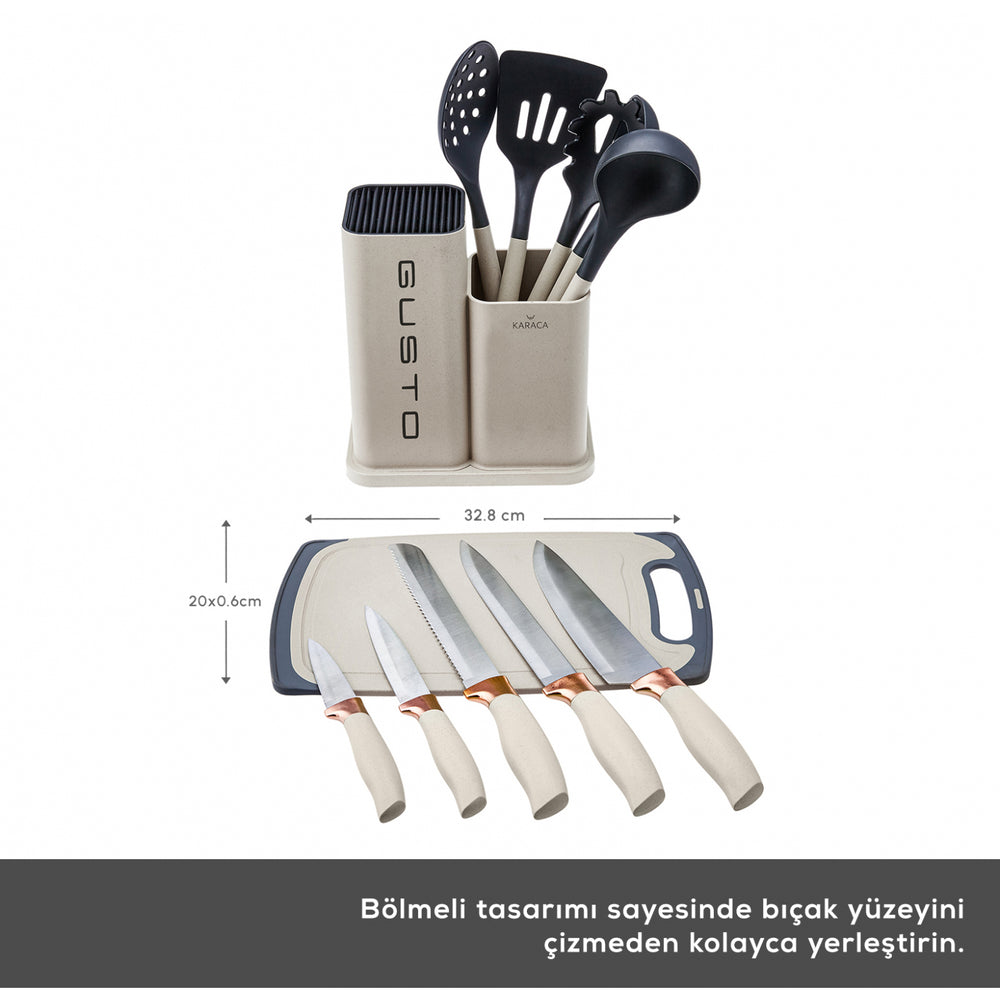 " Karaca Gusto 12-teiliges Messer-/Schneidebrett-Set in Creme "