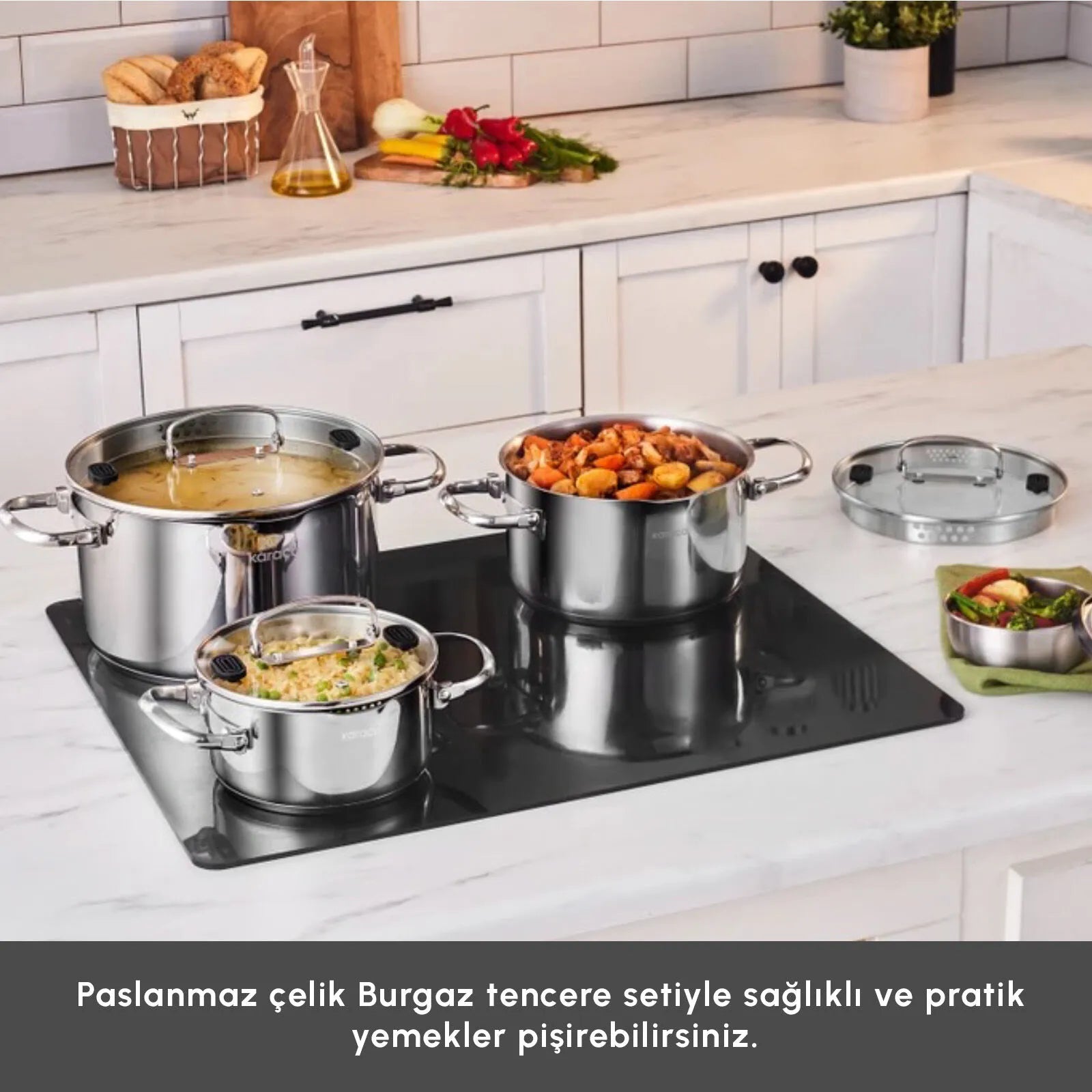 " Karaca Burgaz 8-teiliges Edelstahl-Topfset mit Klappgriffen und Induktionsboden "
