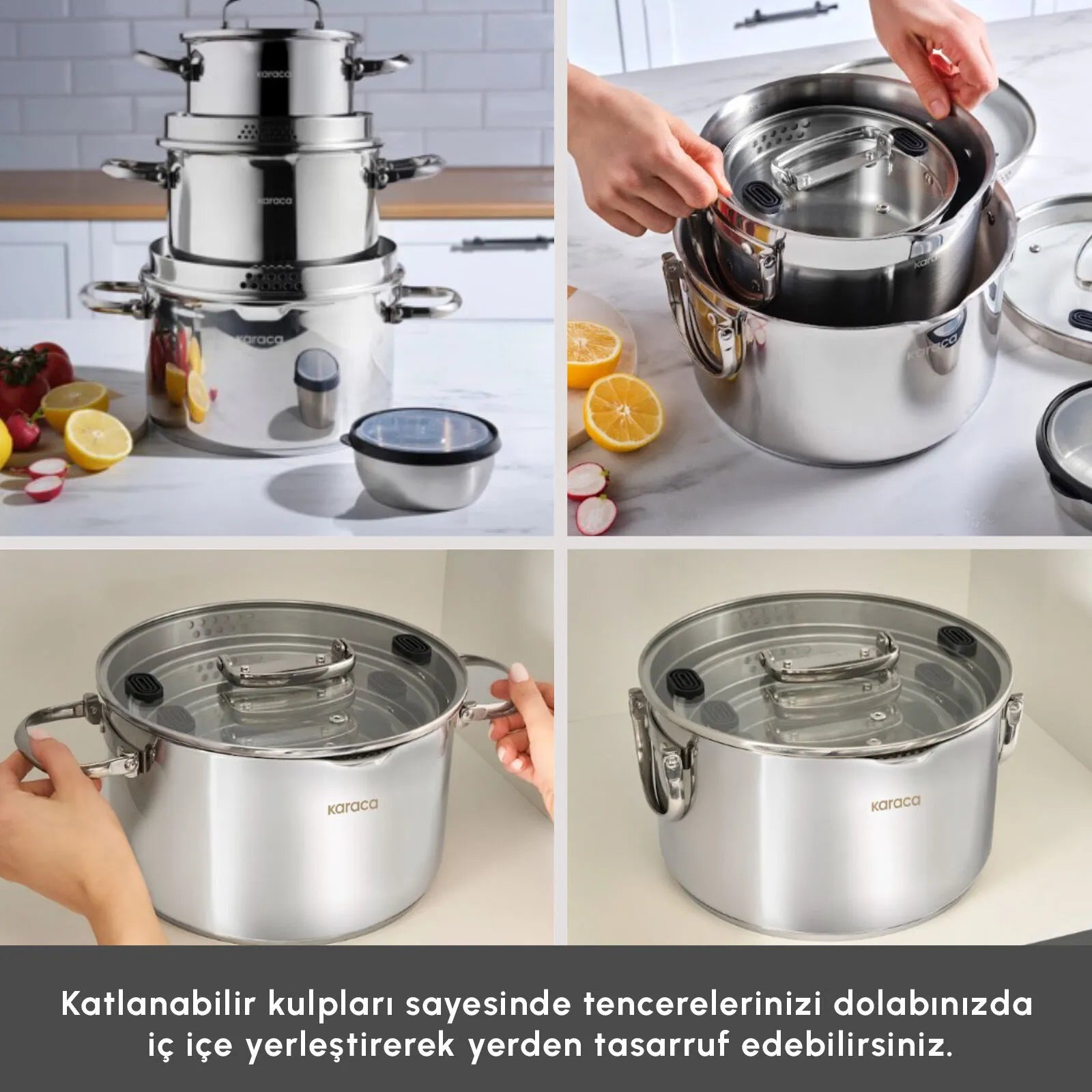 " Karaca Burgaz 8-teiliges Edelstahl-Topfset mit Klappgriffen und Induktionsboden "
