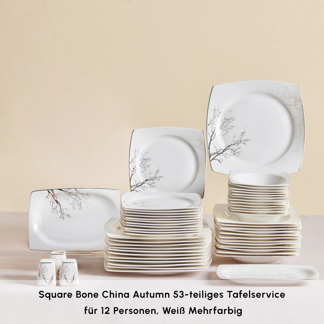 Karaca Square Bone China Autumn 53-teiliges Tafelservice für 12 Personen Weiss Mehrfarbig