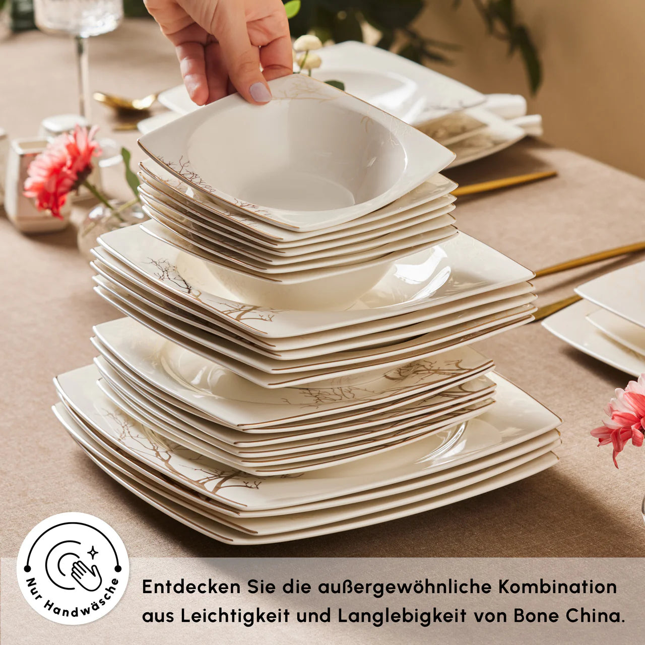 Karaca Square Bone China Autumn 53-teiliges Tafelservice für 12 Personen Weiss Mehrfarbig