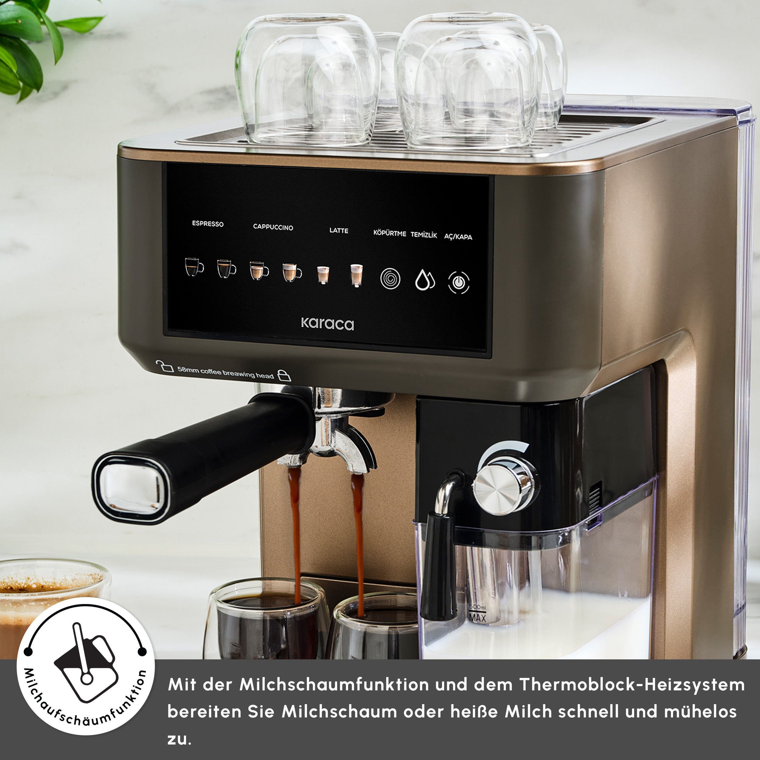 Karaca MyCaffe Barista S10 Automatische Siebträger Maschine mit integriertem Milchbehälter – Walnut Brown