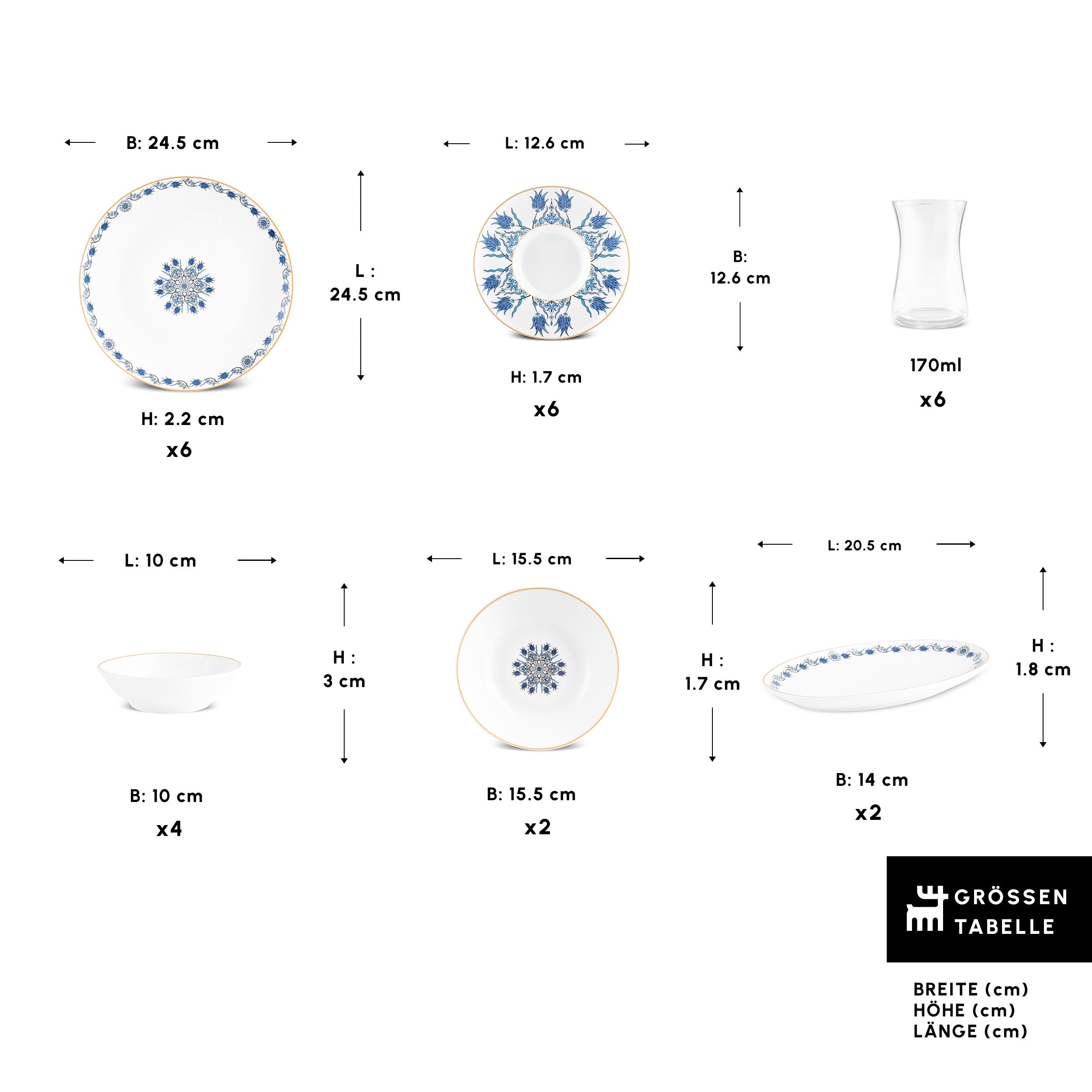 Karaca Bone China ?znik 26-teiliges Servierset für 6 Personen Mehrfarbig