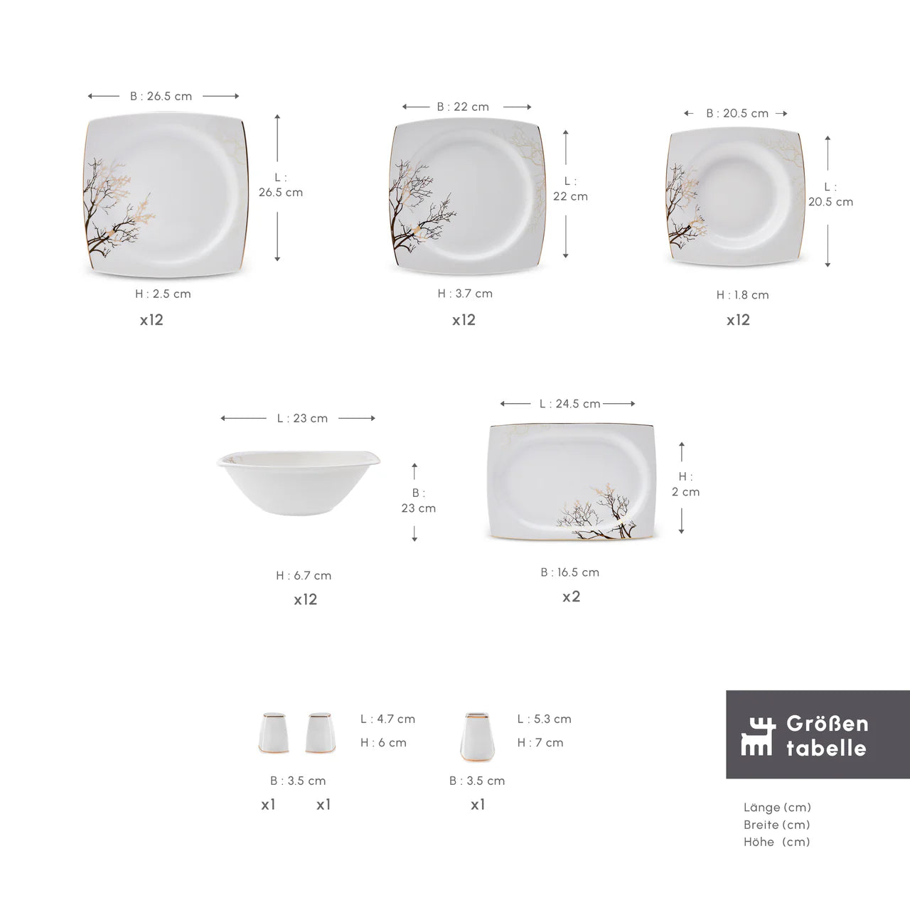 Karaca Square Bone China Autumn 53-teiliges Tafelservice für 12 Personen Weiss Mehrfarbig