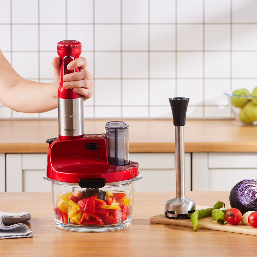 " Karaca Mastermaid ProSteel Glas-Küchenmaschine mit Langem Mixfuß, 6 Klingen, 2500 W Imperial Red "