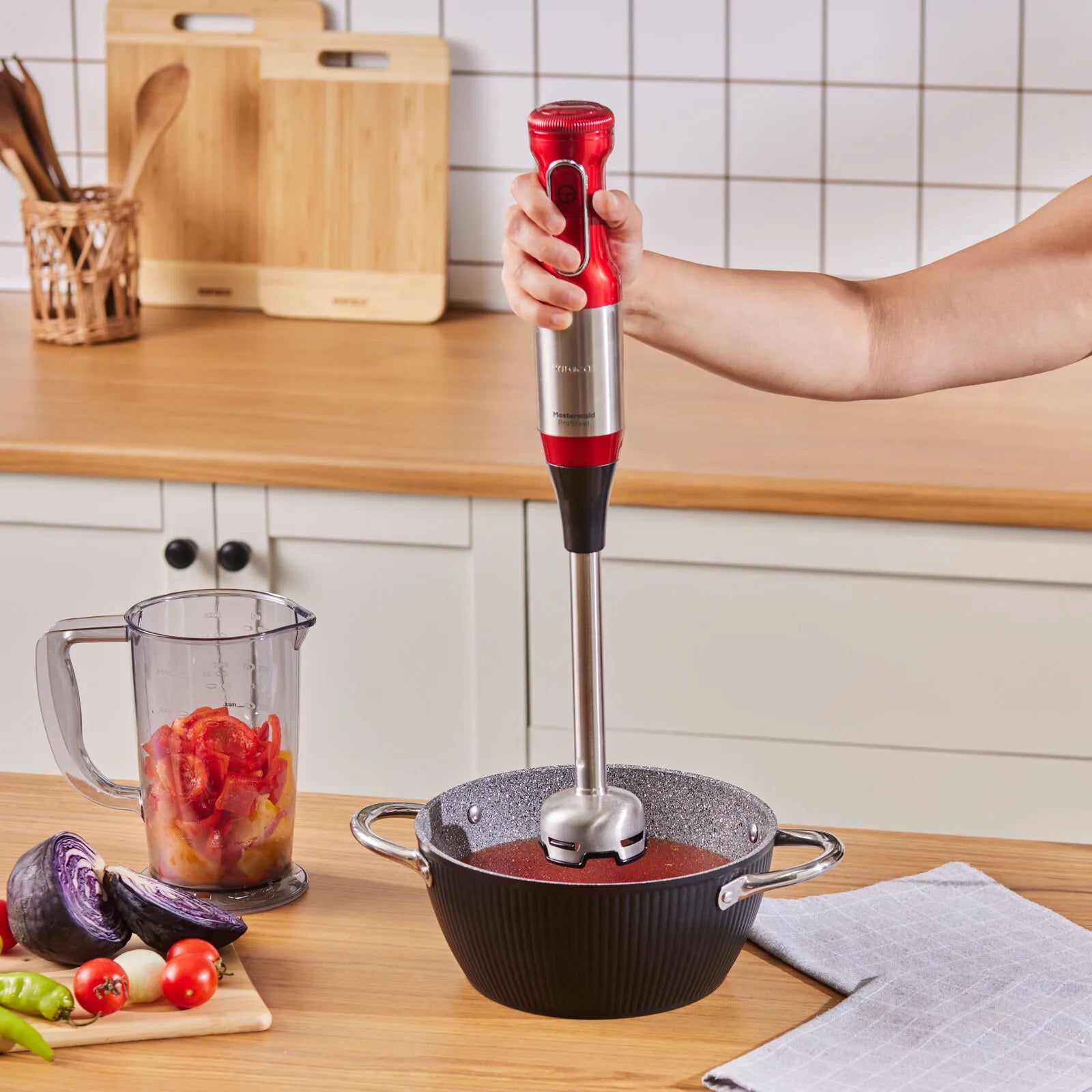 " Karaca Mastermaid ProSteel Glas-Küchenmaschine mit Langem Mixfuß, 6 Klingen, 2500 W Imperial Red "