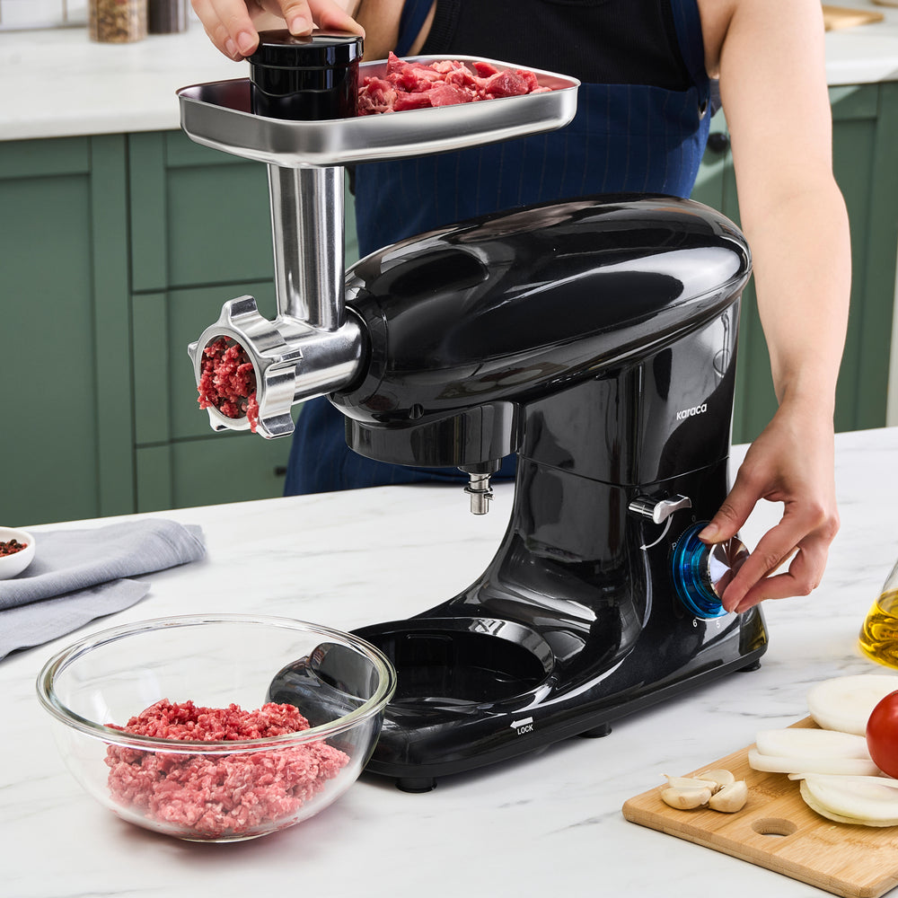 " Karaca Multichef Standmixer Shiny Black Küchenchef 1900 W 5,5 l (mit Hackfleisch-/Sucuk-Wurst-/Fleischklößchenaufsatz) "