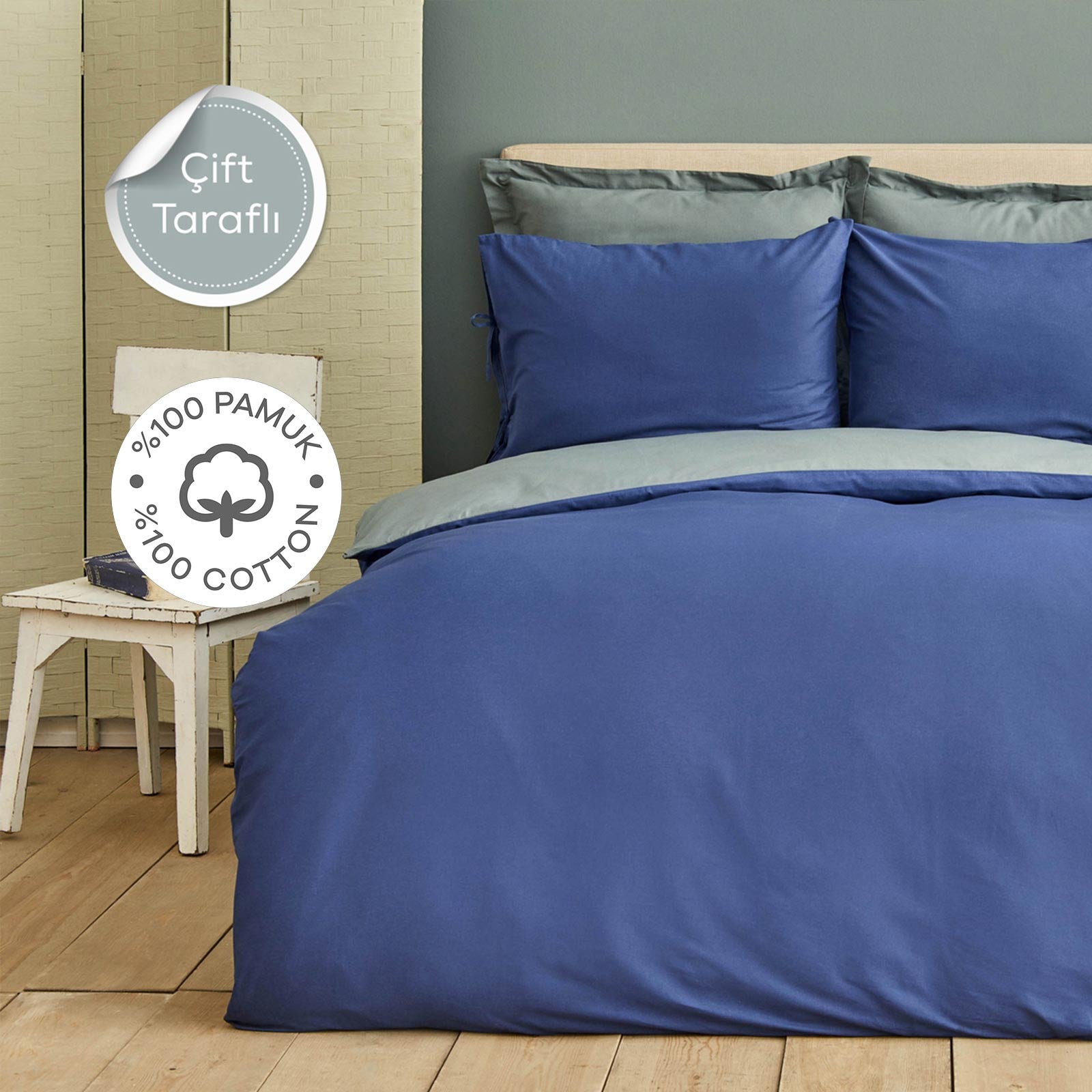 " Karaca Home Basic Grau Indigo Wendbares Doppelbett Bettwäsche Set "