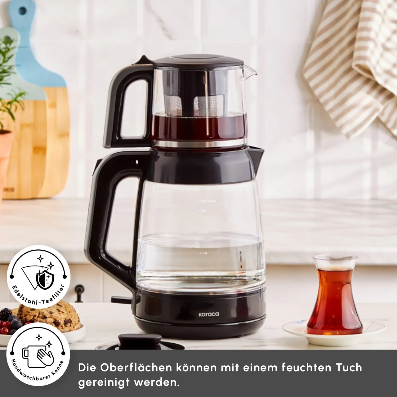 Karaca Glass Tea XL 2 in 1 Glas-Teemaschine Shiny Black