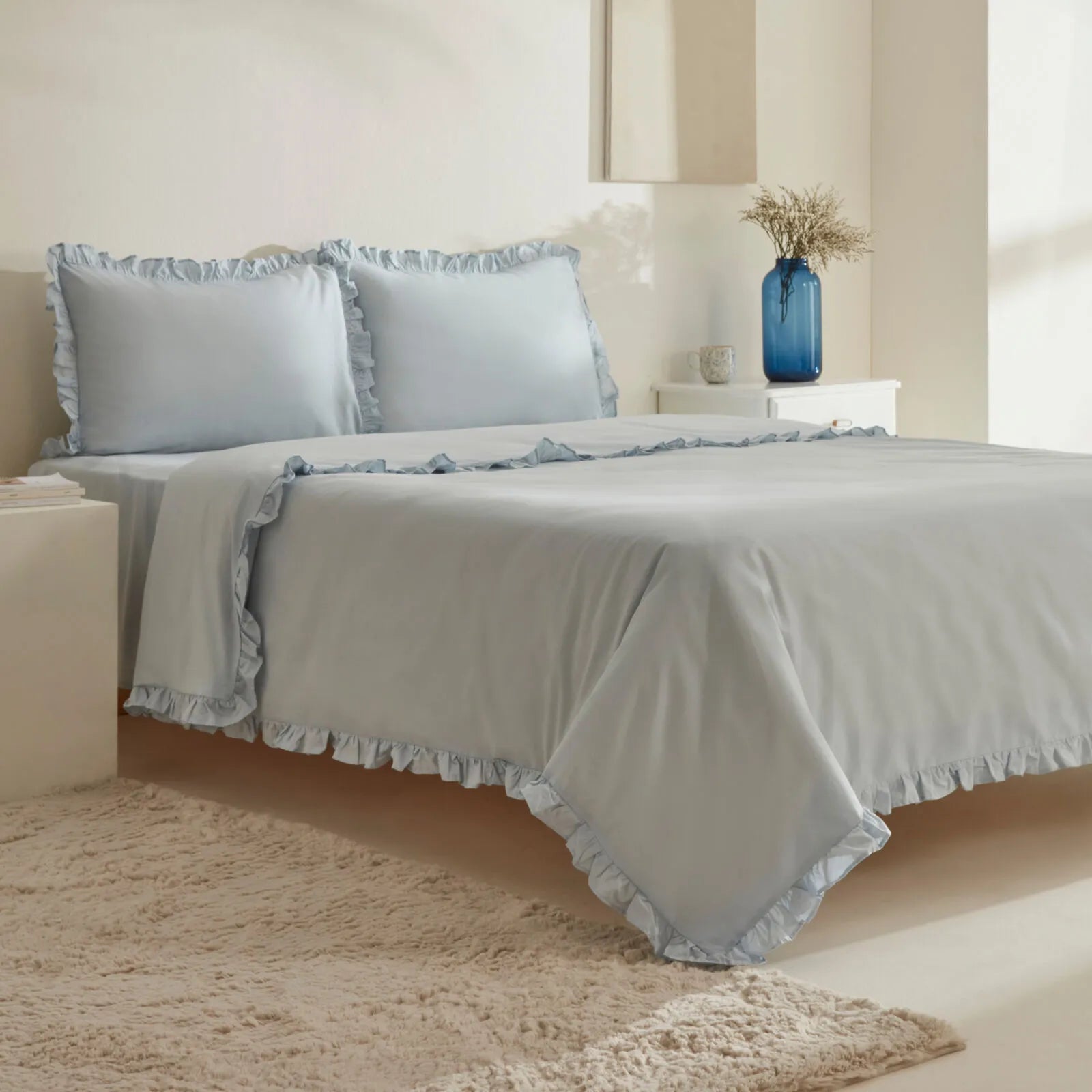 " Karaca Home Pure Ruffle 100% Baumwolle Doppelbett-Bettwäsche-Set Hellblau "