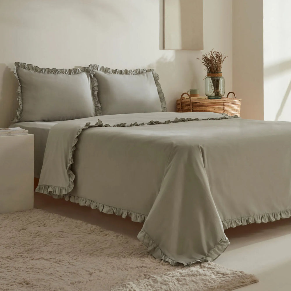 " Karaca Home Pure Ruffle 100% Baumwolle Doppel Bettbezug Sage "