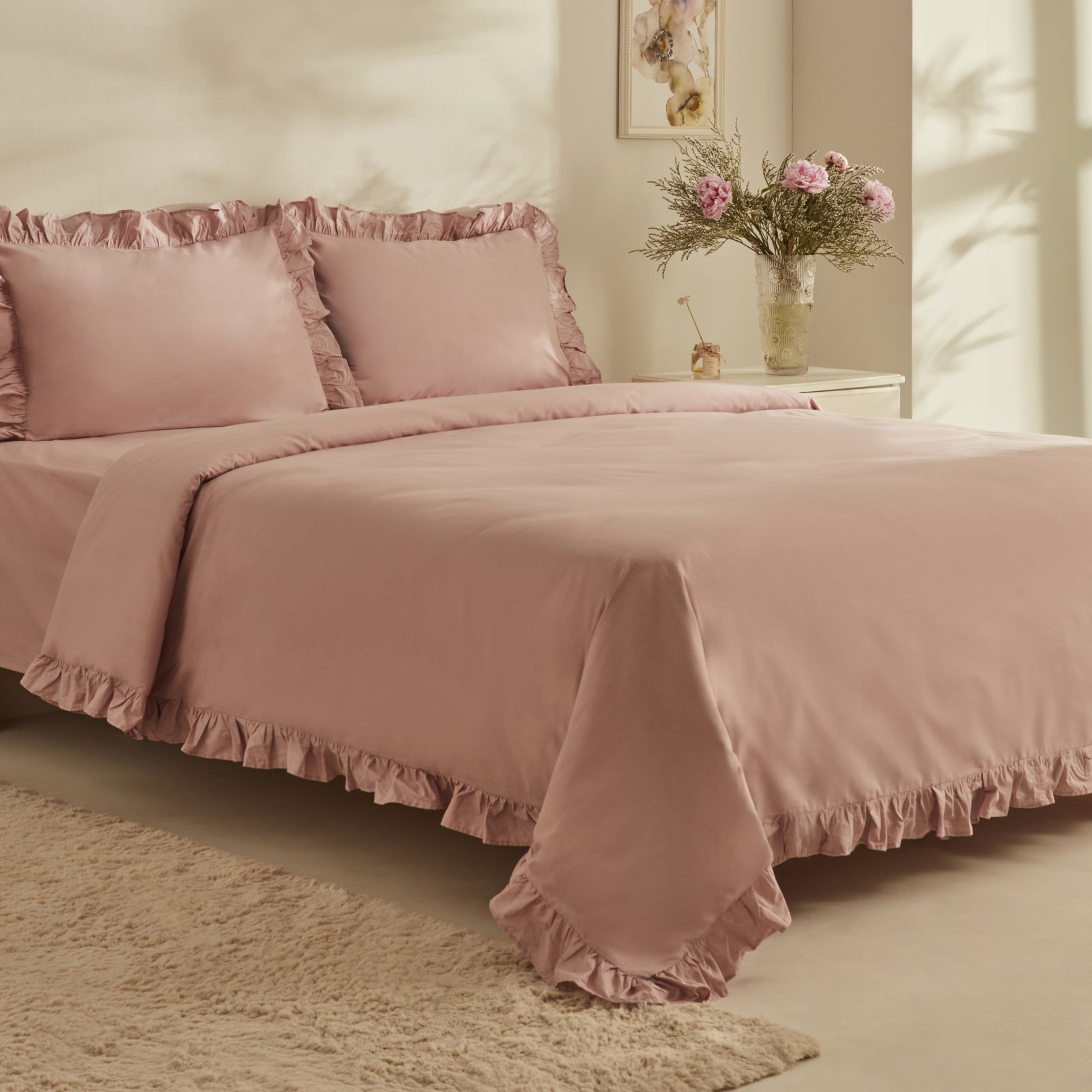 " Karaca Home Pure Ruffle 100% Baumwolle Doppelbett Bettwäsche Set Puder "