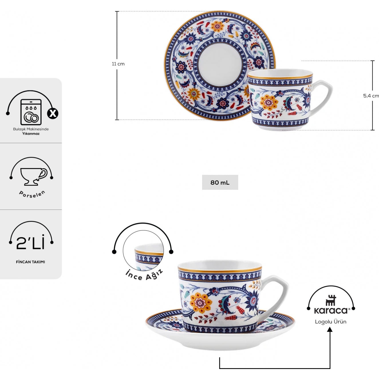 " Karaca Linden-Kaffeetassen-Set, 2 Personen, 80 ml "
