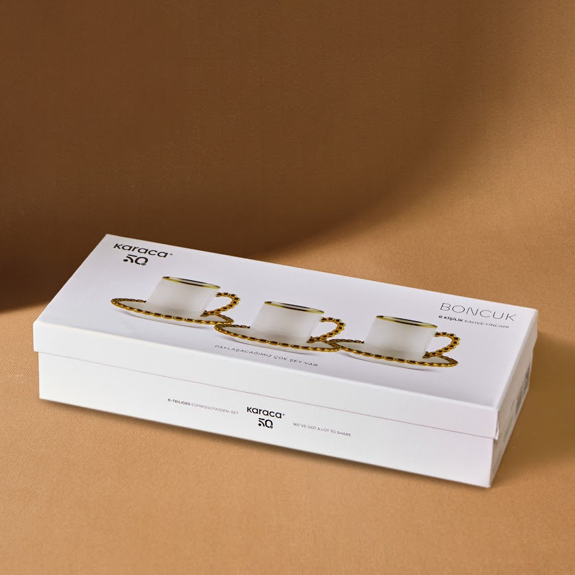 " Karaca Boncuk 12-teiliges Bone China Espresso Türkisch-Kaffeetassen-Set für 6 Personen, 80 ml, Weiß Gold "