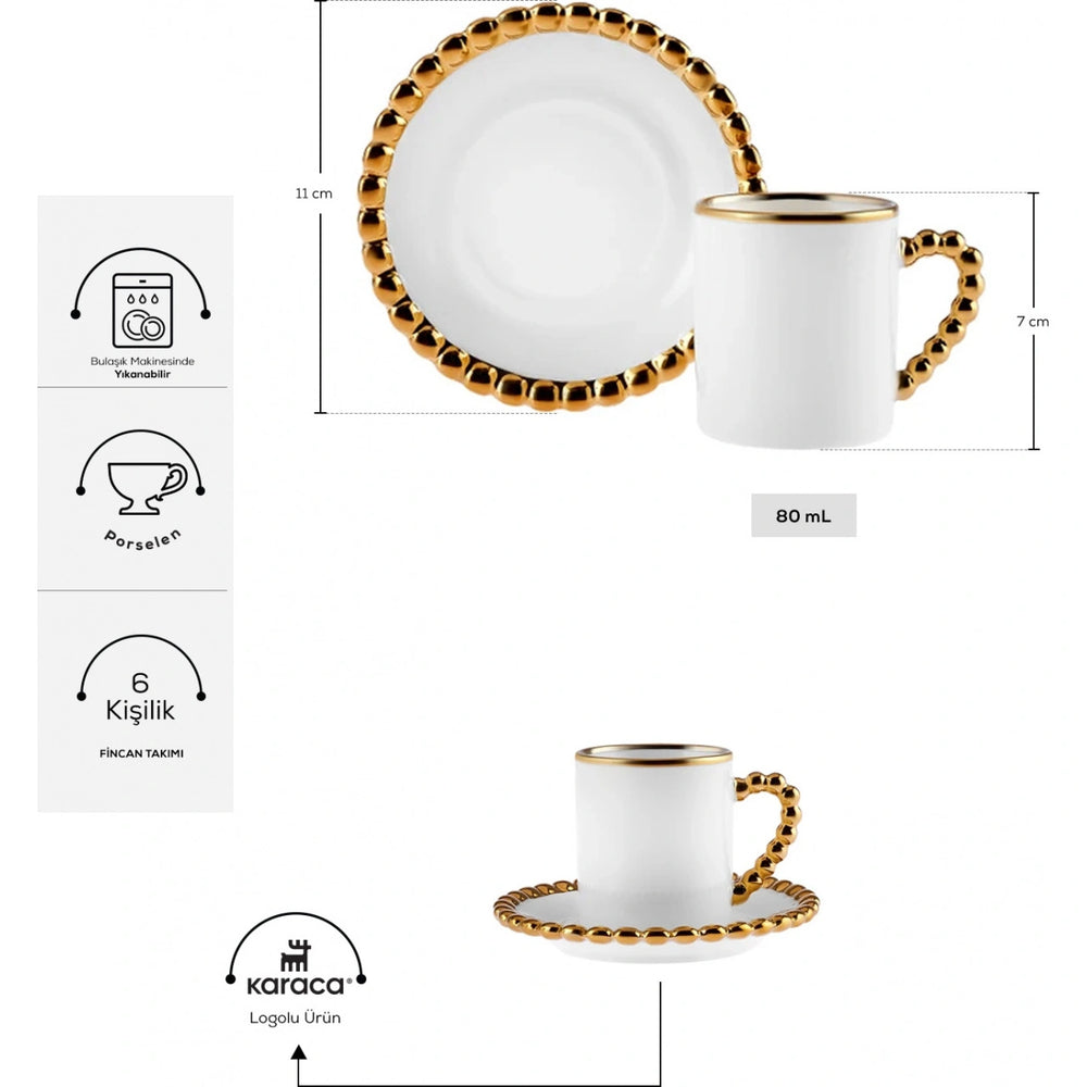 " Karaca Boncuk 12-teiliges Bone China Espresso Türkisch-Kaffeetassen-Set für 6 Personen, 80 ml, Weiß Gold "