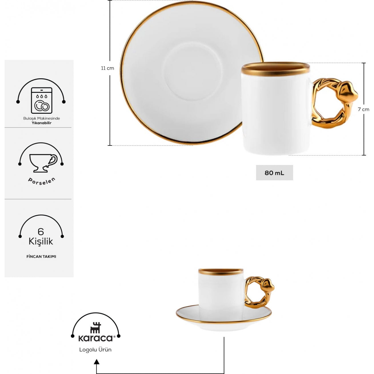 " Karaca Herzförmiges Kaffeetassen-Set für 6 Personen – 80 ml "