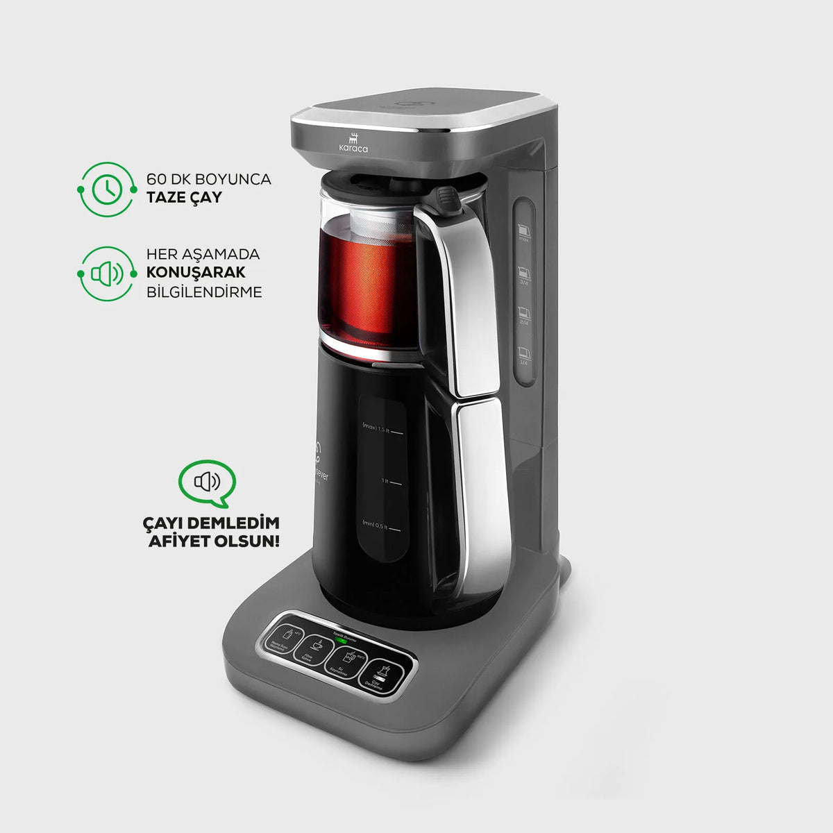 " Karaca Caysever Robotea Pro 4 in 1 sprechender automatischer Teekocher Wasserkocher und Filterkaffeemaschine 2500W Space Grau "