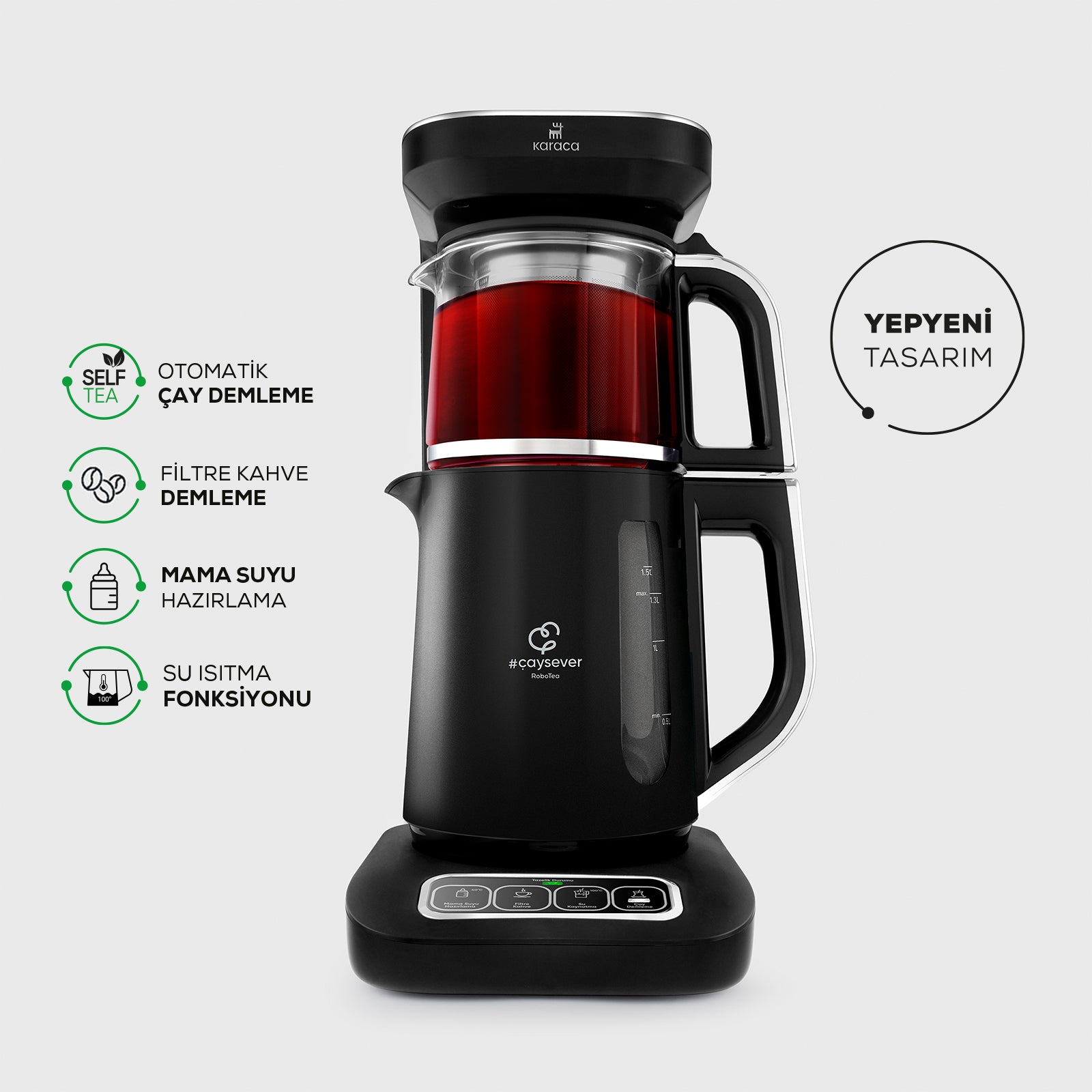 " Karaca Caysever Robotea Pro 4 in 1 sprechender automatischer Teekocher Wasserkocher und Filterkaffeemaschine 2500W Chrome "