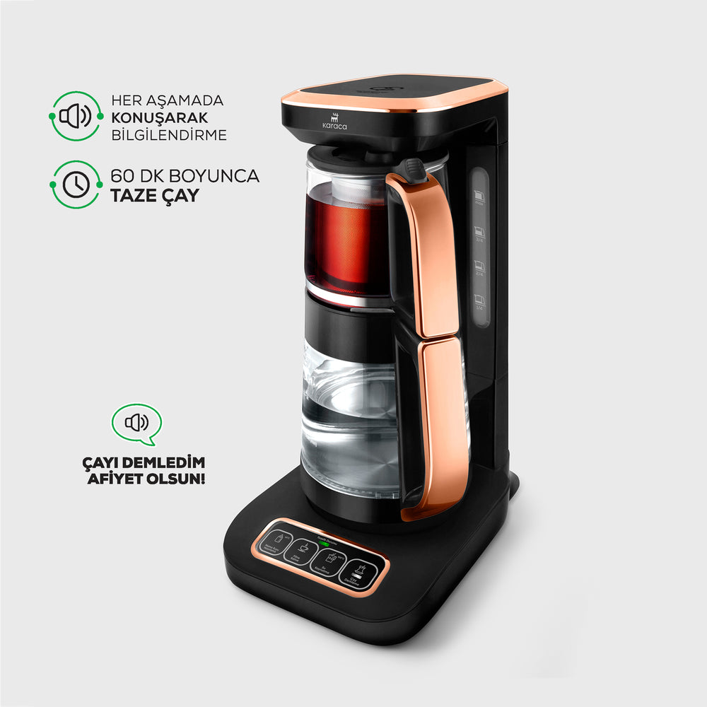 " Karaca Çaysever Robotea Pro 4 in 1 Sprechende Automatische Glas-Teemaschine, Wasserkocher und Filterkaffeemaschine 2500W Schwarz Kupfer "