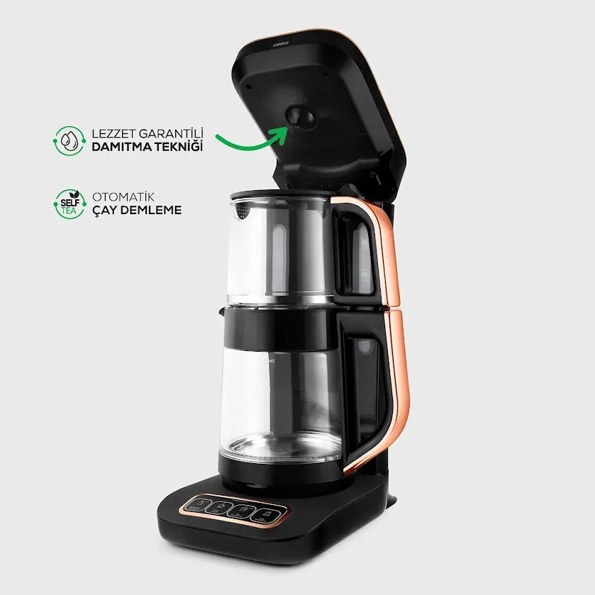 " Karaca Çaysever Robotea Pro 4 in 1 Sprechende Automatische Glas-Teemaschine, Wasserkocher und Filterkaffeemaschine 2500W Schwarz Kupfer "