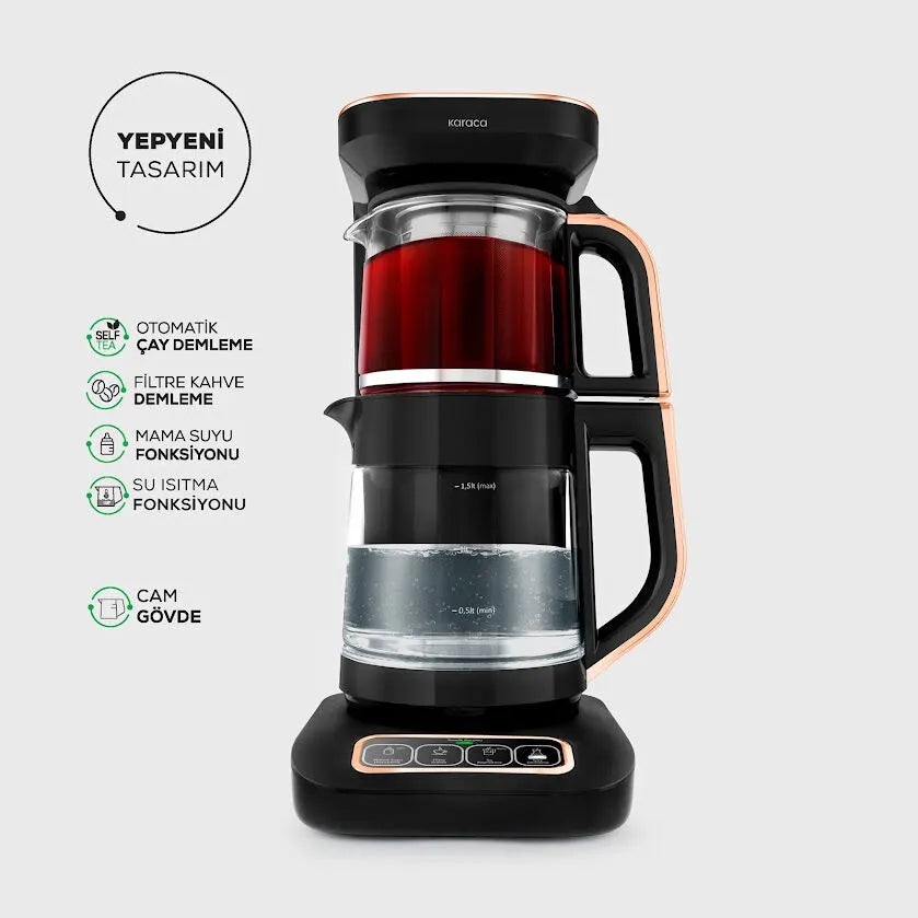 " Karaca Çaysever Robotea Pro 4 in 1 Sprechende Automatische Glas-Teemaschine, Wasserkocher und Filterkaffeemaschine 2500W Schwarz Kupfer "