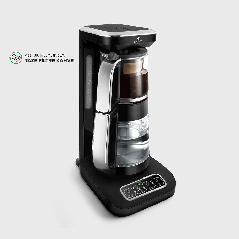 " Karaca Çaysever Robotea Pro 4 in 1 Sprechende Automatische Glas-Teemaschine, Wasserkocher und Filterkaffeemaschine, Schwarz Chrom, 2500W "