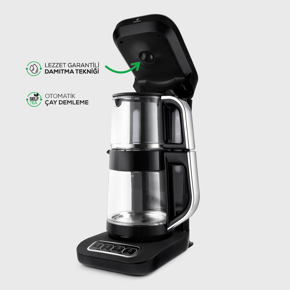 " Karaca Çaysever Robotea Pro 4 in 1 Sprechende Automatische Glas-Teemaschine, Wasserkocher und Filterkaffeemaschine, Schwarz Chrom, 2500W "