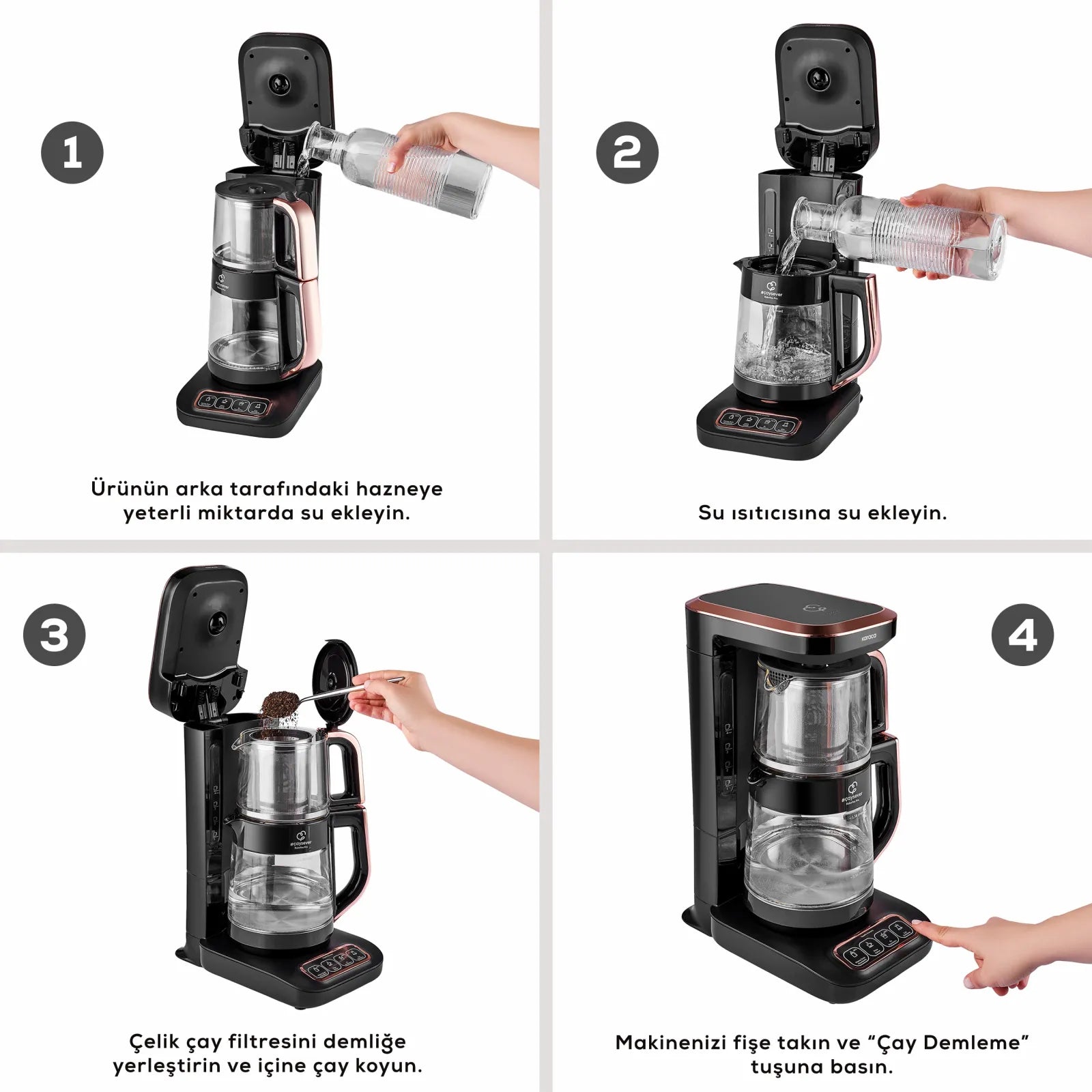 " Karaca Çaysever Robotea Pro 4 in 1 Sprechende Automatische Glas-Teemaschine, Wasserkocher und Filterkaffeemaschine, Schwarz Chrom, 2500W "