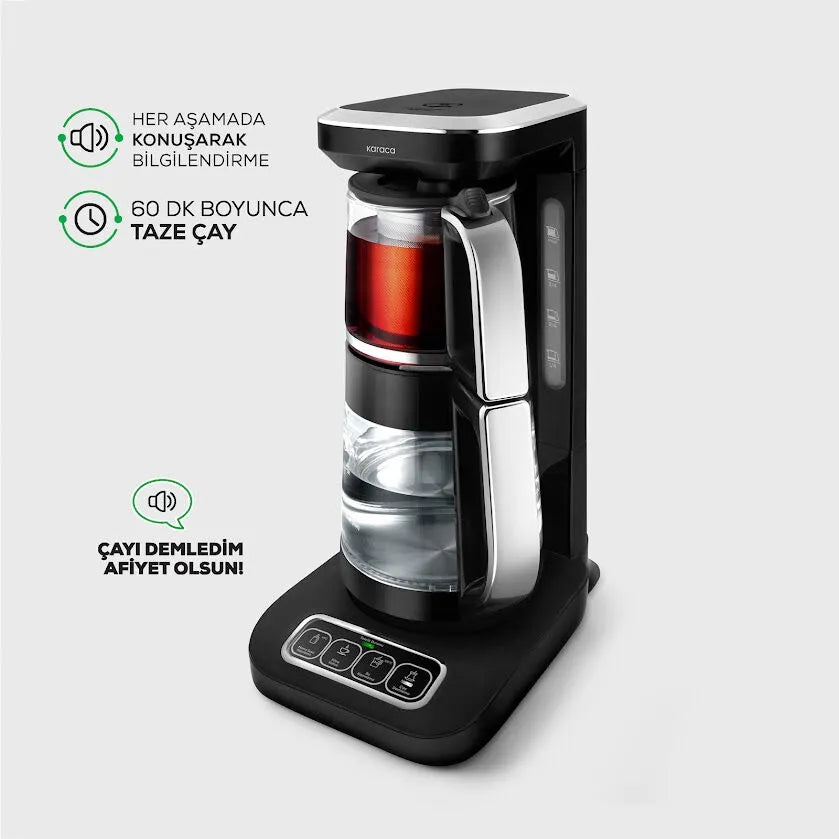 " Karaca Çaysever Robotea Pro 4 in 1 Sprechende Automatische Glas-Teemaschine, Wasserkocher und Filterkaffeemaschine, Schwarz Chrom, 2500W "
