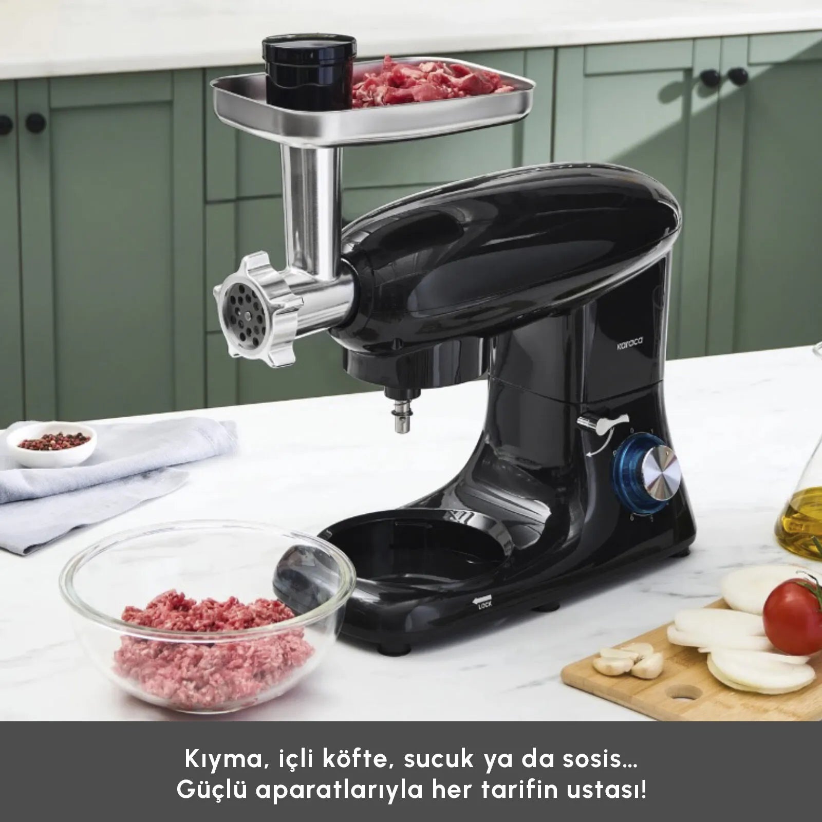 " Karaca Multichef Standmixer Shiny Black Küchenchef 1900 W 5,5 l (mit Hackfleisch-/Sucuk-Wurst-/Fleischklößchenaufsatz) "