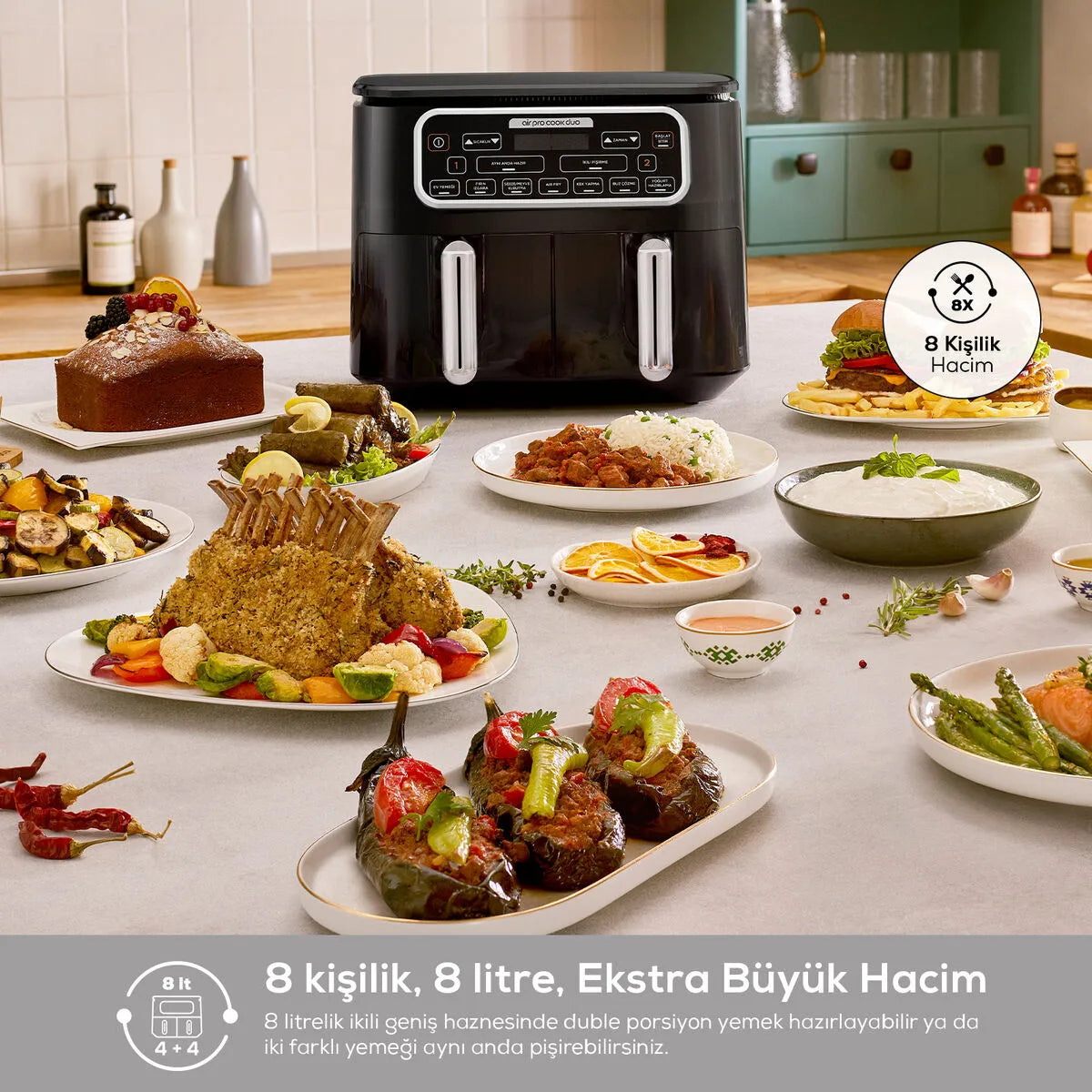 " Karaca Air Cook Duo Hausmannskost XXXL 8 Liter Heißluftfritteuse, Black Chrome, 8 Personen, 2500W "