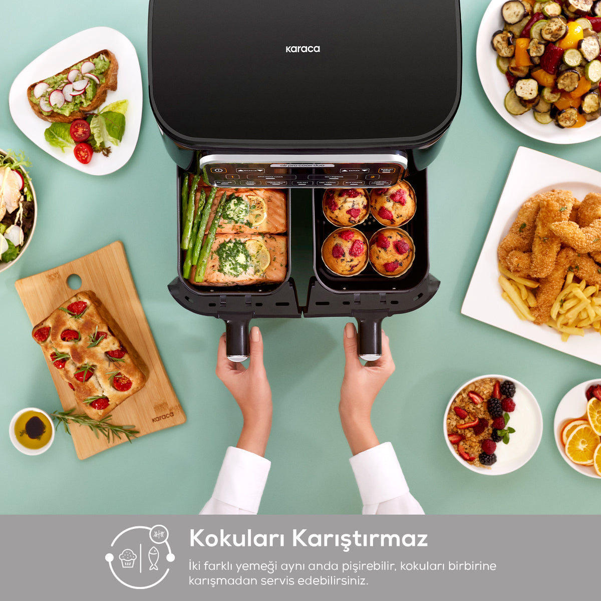 " Karaca Air Cook Duo Hausmannskost XXXL 8 Liter Airfryer, Starlight, 8 Personen, 2500W "