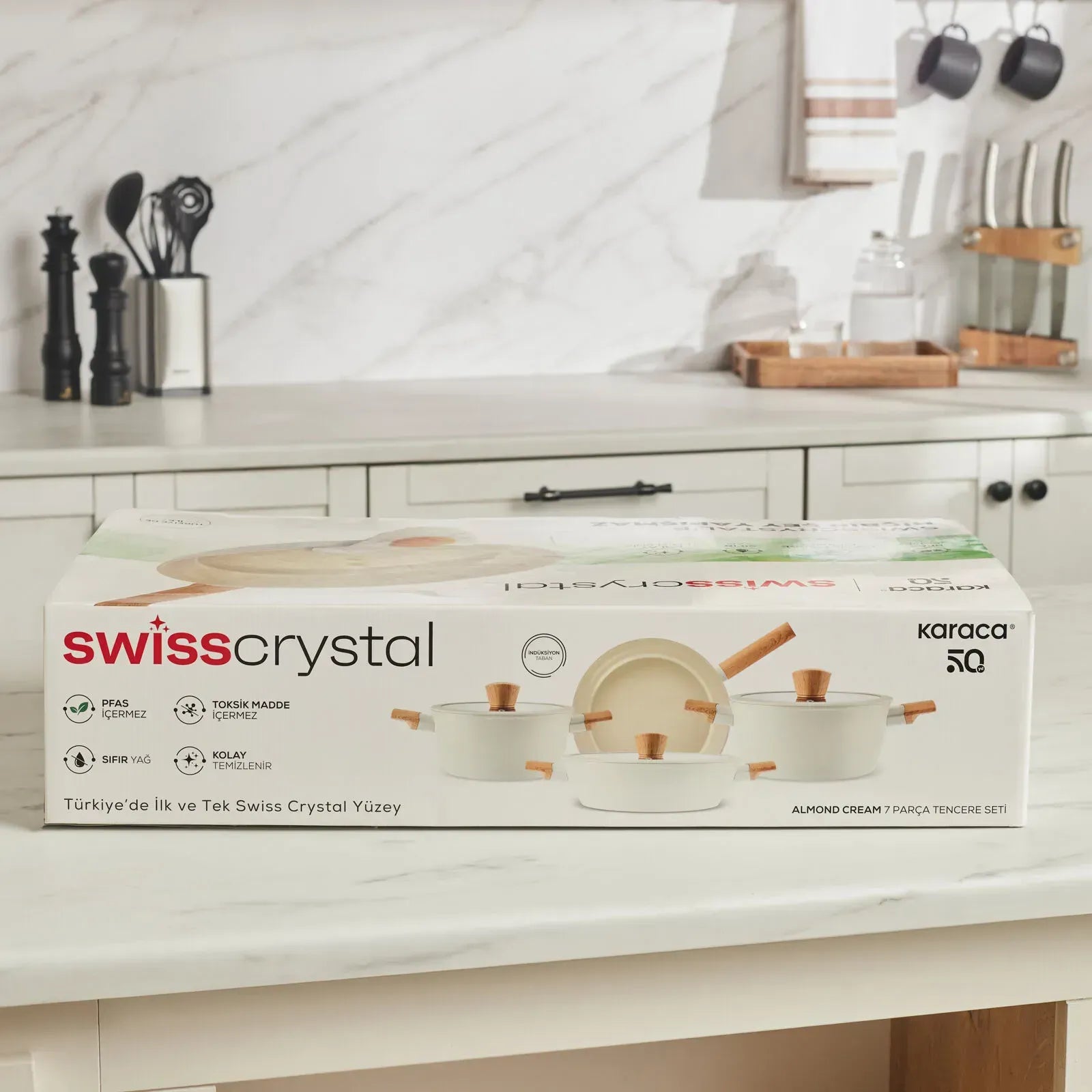 " Karaca Swiss Crystal Almond Cream Induktionsfähiges 7-teiliges Töpfe-Set "