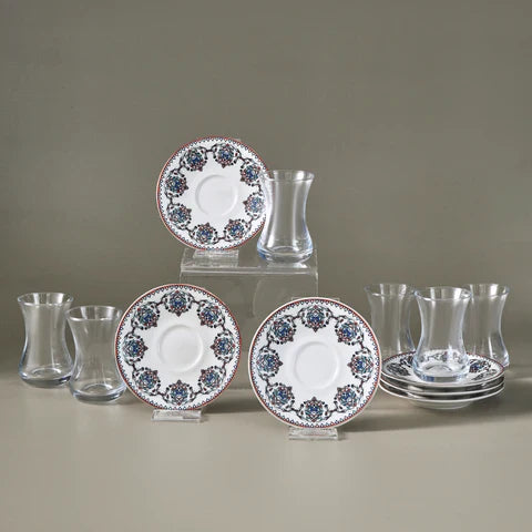 Karaca Nakkas 12-teiliges Türkisches Teeset aus Bone China für 6 Personen 130 ml Rot