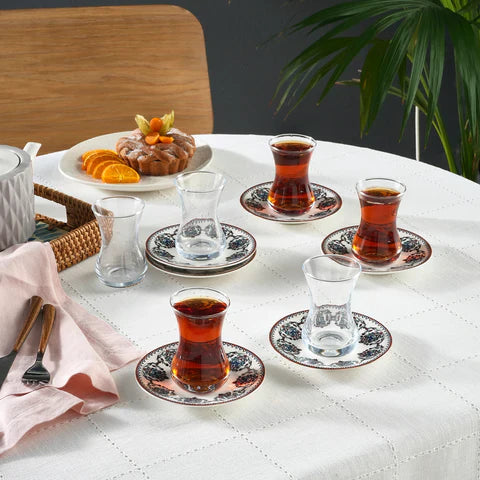 Karaca Nakkas 12-teiliges Türkisches Teeset aus Bone China für 6 Personen 130 ml Rot