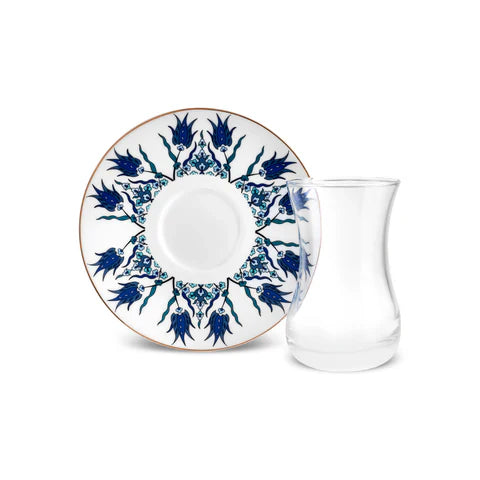 Karaca Iznik 12-teiliges Türkisches Teeset aus Bone China für 6 Personen 130 ml Blau