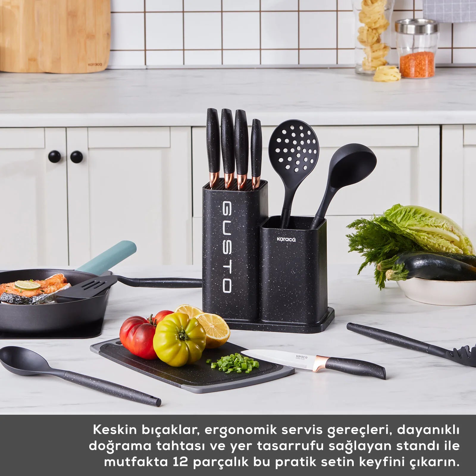 " Karaca Gusto Schwarzes 12-teiliges Messer-/Schneidebrett-Set "