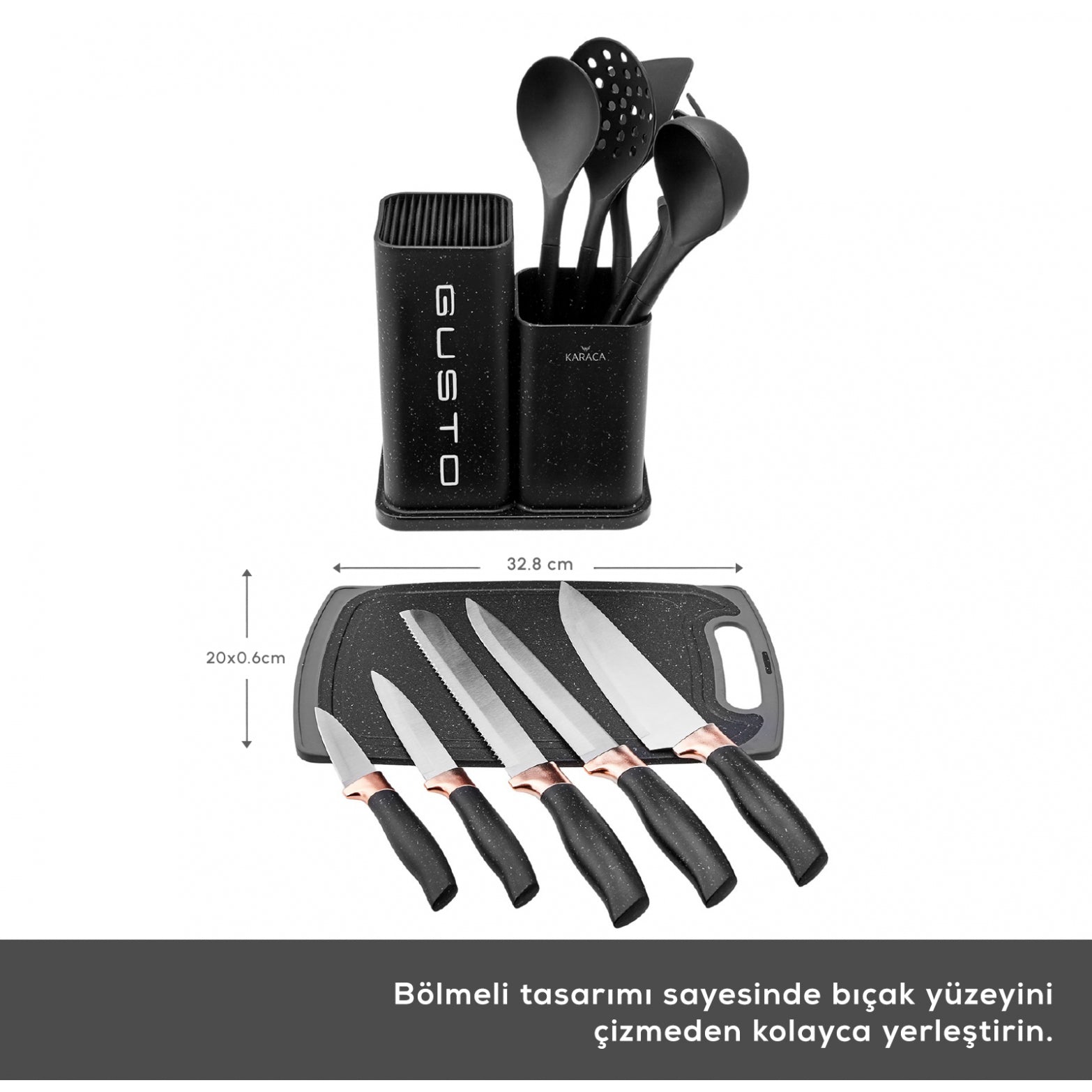 " Karaca Gusto Schwarzes 12-teiliges Messer-/Schneidebrett-Set "
