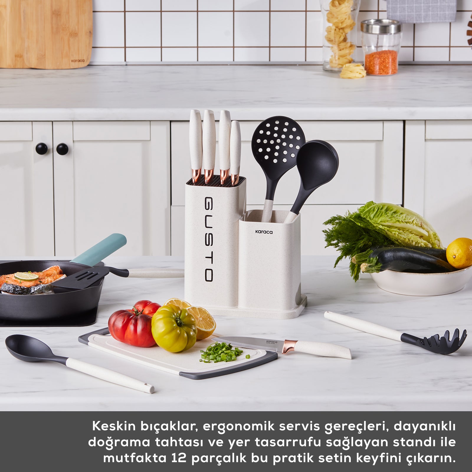 " Karaca Gusto 12-teiliges Messer-/Schneidebrett-Set in Creme "