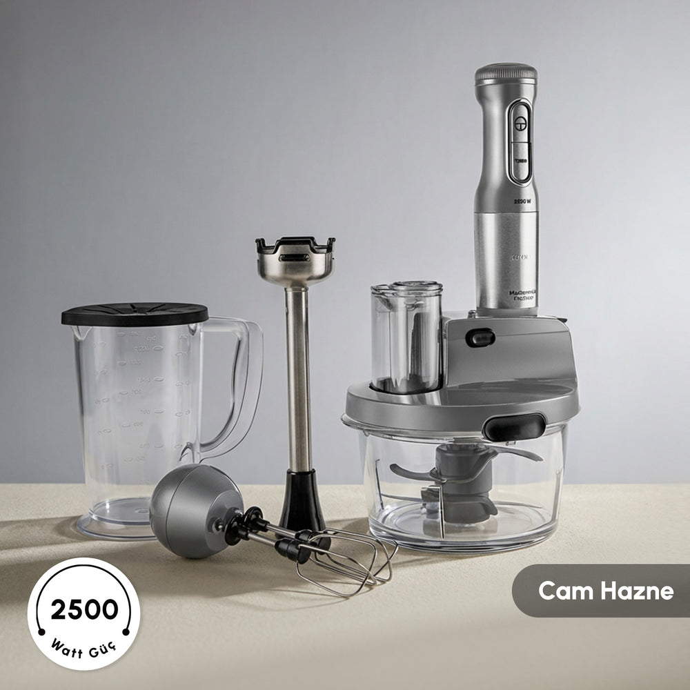 " Karaca Mastermaid Küchenroboter aus Stahlglas, Langer Mixer 8 ın 1, 2500 W, Galaxy Grey "
